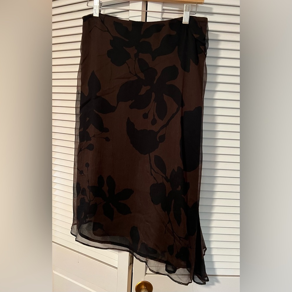 Zara Woman sheer overlay asymmetrical hem skirt size 40 EU/10 brown black print